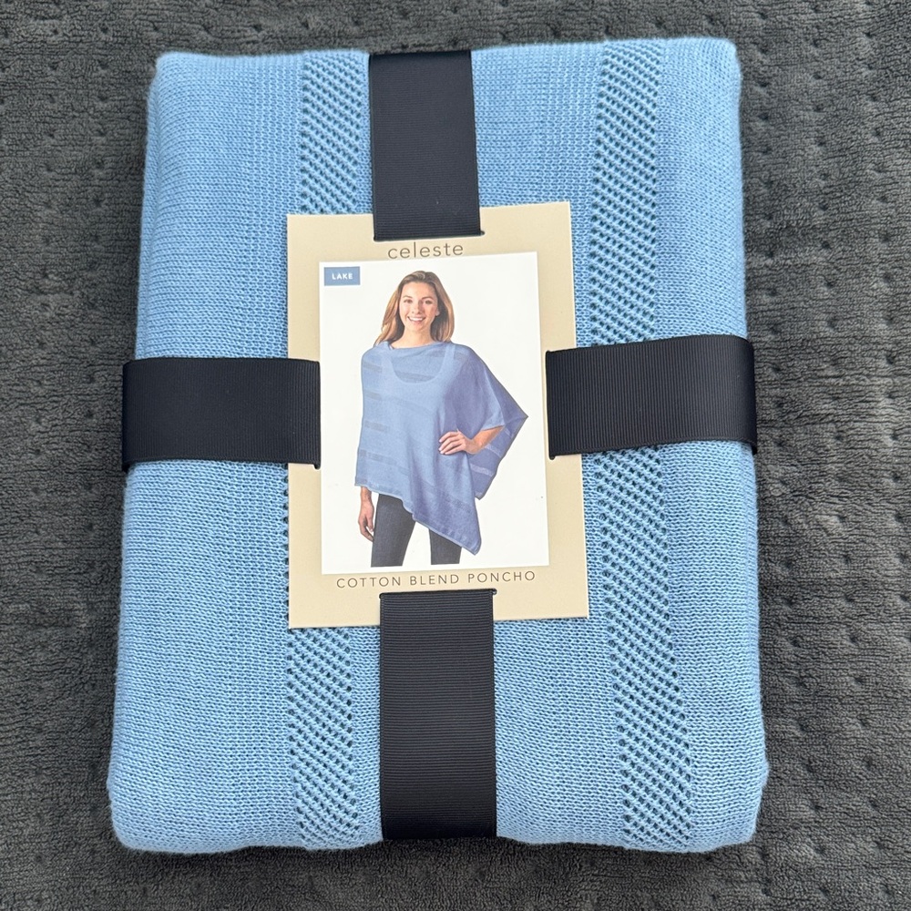 Celeste Sky Blue Cotton Blend Lightweight Poncho, One Size, NWT